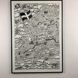 Cornwall A1 framed illustrated map. A unique LIMITED EDITION 1/100 A1 hand drawn silk screen.