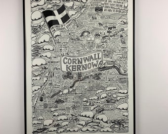 Cornwall A1 framed illustrated map. A unique LIMITED EDITION 1/100 A1 hand drawn silk screen.