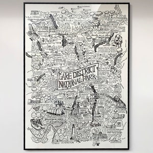 Framed A1 illustration of the Lake District towns Ambleside, Keswick, Grasmere, Kendal, Ulverston, Cockermouth, Penrith, Coniston, Pooley Bridge, Hawkshead. Windermere, Ullswater, Derwentwater, Bassenthwaite Lake, Haweswater, Thirlmere,