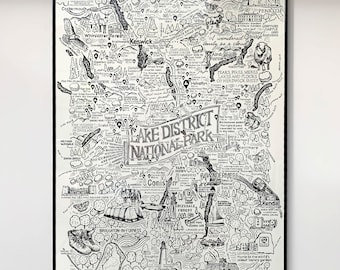 Lake District A1 framed illustrated Map, Hand-Illustrated, Silk-Screen Printed illustration of the Lake District National Park