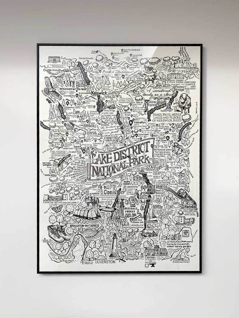 Framed A1 illustration of the Lake District towns Ambleside, Keswick, Grasmere, Kendal, Ulverston, Cockermouth, Penrith, Coniston, Pooley Bridge, Hawkshead. Windermere, Ullswater, Derwentwater, Bassenthwaite Lake, Haweswater, Thirlmere,