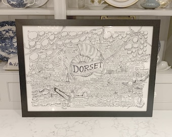 Dorset A2 illustrated map. This is a stunning A2 hand drawn illustration printed on 310gsm archival Ilford cotton textured stock.