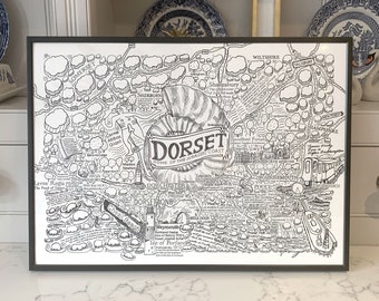 Dorset A3 framed illustrated map. This is a stunning A3 hand drawn illustration printed on 310gsm archival Ilford cotton textured stock.