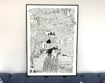 Norfolk A1 illustrated map, LIMITED EDITION 1/100 A1 hand drawn silk screen. Sandringham, Norwich, Burnham Market, Holkham, Brancaster, Holt