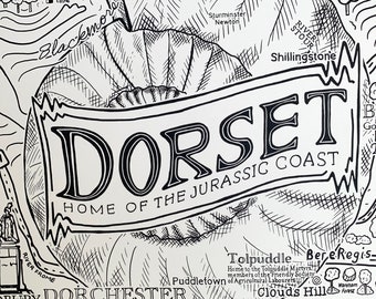 Dorset A1 framed illustrated map. A unique LIMITED EDITION 1/100 A1 hand drawn silk screen.