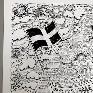 Detail of an illustrated map of Cornwall / Kernow featuring Falmouth, Newquay, St Mawes, Polzeath, Tintagel Castle, LandsEnd, padstow, Rock, The Lizard, Mevagissey, Mousehole, Marazion, St Ives, Looe, Truro