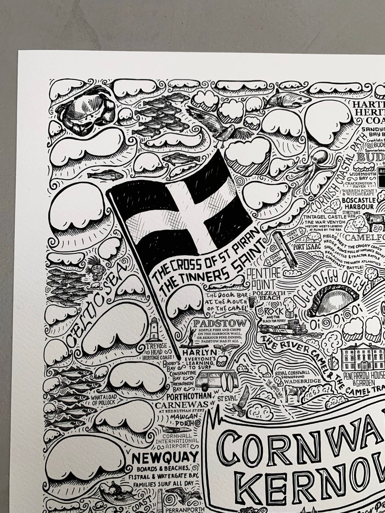 Detail of an illustrated map of Cornwall / Kernow featuring Falmouth, Newquay, St Mawes, Polzeath, Tintagel Castle, LandsEnd, padstow, Rock, The Lizard, Mevagissey, Mousehole, Marazion, St Ives, Looe, Truro