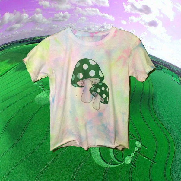 90's Grunge 70's Hippie Style Psychedelic Magic Mushroom Tshirt / Renewed Pastel Tie Dye Shirt / Psilocybin Shrooms Faded Crop Top Tee