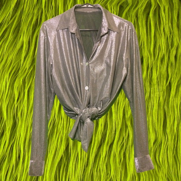 90's Club Kid Sheer Blouse / Retro Metallic Silver Disco Button Up Shirt / Minimalist Rave Shiny Top / Shimmery 1990's Futuristic Cyber
