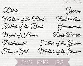 May include: A printable wedding sign with the names of wedding party members in a cursive font. The sign includes the titles "Bride", "Groom", "Mother of the Bride", "Father of the Bride", "Maid of Honor", "Bridesmaid", "Flower Girl", "Best Man", "Groomsman", "Ring Bearer", "Father of the Groom", and "Mother of the Groom". The sign also includes the text "SVG PNG JPG".