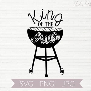 May include: Black and white illustration of a grill with the text "King of the Grill" above it.