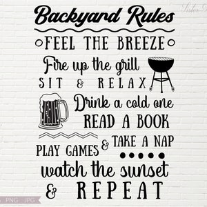 May include: Black and white text on a white brick wall background. The text reads "Backyard Rules" and includes a list of activities to do in the backyard, such as "Feel the breeze", "Fire up the grill", "Sit & Relax", "Drink a cold one", "Read a book", "Play games & Take a nap", "Watch the sunset", and "& Repeat".