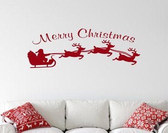 Santa's Sleigh and Reindeer, Merry Christmas Decal, Flying Reindeer Decal for Car,  Santa Decal, Merry Christmas Wall Decal, Christmas Decal