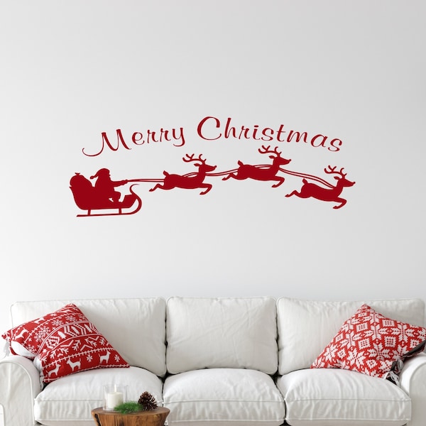 Santa's Sleigh and Reindeer, Merry Christmas Decal, Flying Reindeer Decal for Car,  Santa Decal, Merry Christmas Wall Decal, Christmas Decal