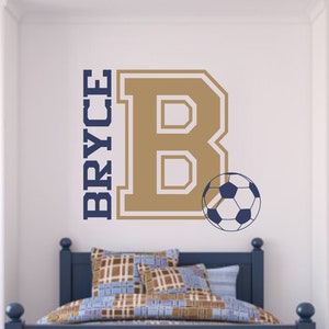 Soccer Wall Decal- Varsity Letter Decal with Personalized Name and Soccer Ball B24 Sports Wall Decal Soccer Ball Wall Decal