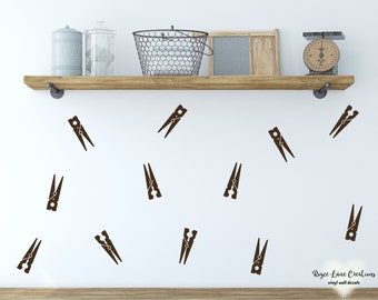 Clothes Pin Decals Set of 12, Clothespin Wall Decal, Laundry Room Wall Decals, Clothespins Decals, Fun Laundry Wall Decorations