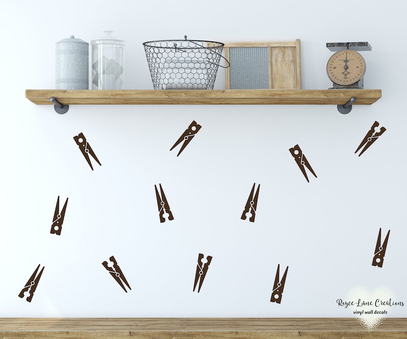 Clothes Pin Decals Set of 12, Clothespin Wall Decal, Laundry Room Wall ...