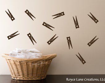 Clothespins Wall Decals - Set of 12 Clothes Pins - Laundry Wall Art - Laundry Room Decal - Clothes Pins Decor - Clothespins Decor