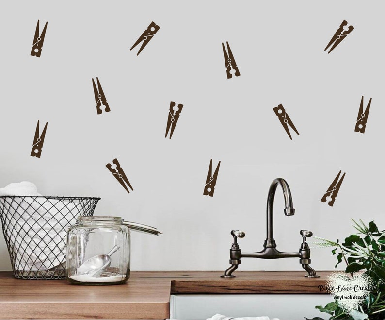 Clothes Pin Decals Set of 12, Clothespin Wall Decal, Laundry Room Wall ...