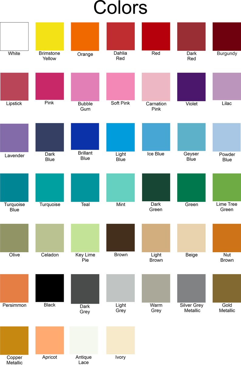K&ouml;nnte beinhalten: Eine Farbkarte mit einer Vielzahl von Farbt&ouml;nen, darunter Wei&szlig;, Gelb, Orange, Rot, Rosa, Blau, Gr&uuml;n, Braun und Metallic-T&ouml;ne. Jede Farbe wird in einem Quadrat mit ihrem Namen darunter dargestellt.