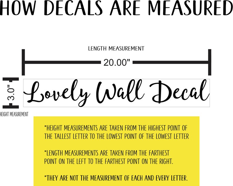 K&ouml;nnte beinhalten: Diagramm zur Messung von Wandtattoos. Der Text "Lovely Wall Decal" wird mit einer H&ouml;he von 7,6 cm und einer L&auml;nge von 50,8 cm angezeigt. Zus&auml;tzlicher Text erkl&auml;rt, wie H&ouml;he und L&auml;nge gemessen werden.