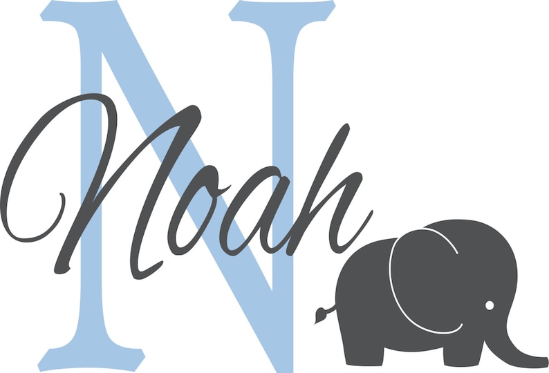 May include: A light blue letter N with the name Noah written in cursive script underneath. A gray elephant silhouette is to the right of the letter.