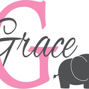 May include: Pink and gray graphic with the word "Grace" in a cursive font. The letter "G" is a large pink outline. A gray elephant is to the right of the text.