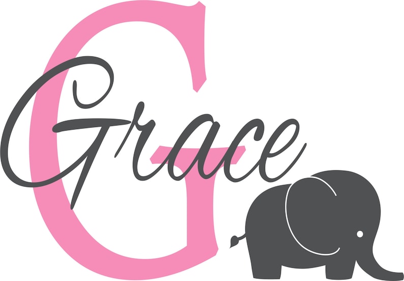 May include: Pink and gray graphic with the word "Grace" in a cursive font. The letter "G" is a large pink outline. A gray elephant is to the right of the text.