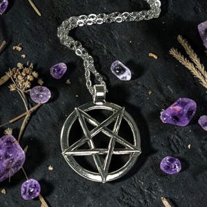 May include: A silver-toned metal necklace featuring a circular pentagram pendant suspended from a matching link chain. The jewelry is surrounded by several small, irregular, translucent purple amethyst stones and thin, dried plant stems.