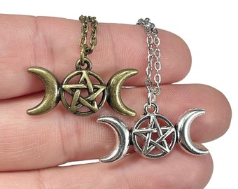 Triple Moon Pentacle Charm, Antique Silver or Bronze Moon Phase Celestial Necklace, Lunar Symbol, Triple Goddess, Holiday Gift