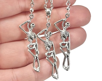 Silver Hanging Skeleton Charm Earrings or Necklace with Silver Plated, Sterling Silver, or Stainless Steel Chain, Holiday Gift