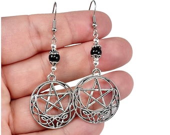 Silver Pentacle Earrings with Obsidian Beads, Black Gemstone Wiccan Jewelry with  Sterling Silver or Stainless Steel Ear Wires, Holiday Gift