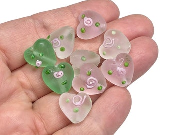 9 MulticolorGlass Heart Shaped Beads, Handmade Lampwork 15mm Puffy Heart Beads Mothers Day