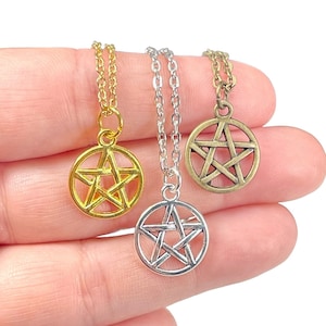 Small Pentacle Charm Necklace, Silver, Gold, or Bronze Pentagram Necklace, Wiccan 5 Elements Symbol,   Witch Accessory Yuletide Gift Idea