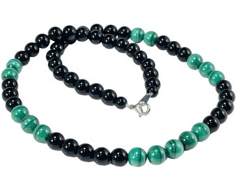 Malachite and Obsidian Beaded Necklace, 6mm or 8mm Green and Black Necklace, Custom Length,, Holiday Gift Mothers Day