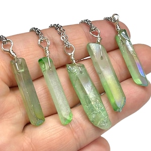 Green Pendant, Rough Green Crystal Point Necklace, Dyed, With Silver Plated, Sterling Silver, or Stainless Steel Chain