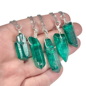 Dark Green Rough Crystal Pendant, Green Stone Necklace, Dyed Crystal Point on Silver Plated, Stainless Steel, or Sterling Silver Chain