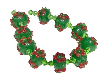 7" Strand Green Floral Lampwork Glass Beads, Handmade Red Flowers Beads, Jewelry Making Supplies