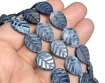 7-inch Strand Blue Leaf Shaped Shell Beads, 18mm x 13mm Dyed Flat Leaf Beads, Mother of Pearl Center Drilled Nature Themed Beads