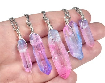 Blue, Pink, and Purple Ombre Quartz Pendant, Dyed Purple Rough Stone Necklace, With Silver Plated, Stainless Steel, or Sterling Silver Chain