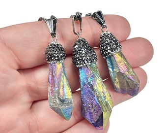 Iridescent Dark Rainbow Stone Pendants with Rhinestone Bead Cap on Gunmetal Chain, Dyed Stone Necklace, Holiday Gift Mothers Day