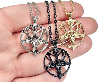 Baphomet Inverted Pentagram Pendant, Black, Gold, or Silver, Horned God Pendant Necklace, Devil Necklace, ,