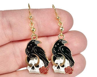 Gold Crow and Skull Earrings, Raven with Lunar Skull Charm Jewelry, Mothers Day , Holiday Gift Valentine Gift