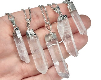 Clear Quartz Crystal Point Necklace, Natural Clear Quartz Pendant with Silver Plated, Sterling Silver, or Stainless Steel Chain