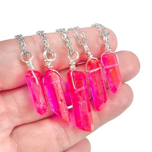 Neon Pink Rough Quartz Pendant, Bright Pink Orange Necklace, Crystal Point, With Silver Plated, Stainless Steel or Sterling Silver Chain