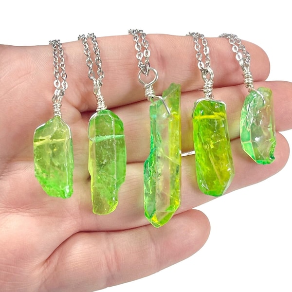 Bright Green Quartz Pendant, Rough Neon Green Crystal Point Necklace, Dyed, With Silver Plated, Sterling Silver, or Stainless Steel Chain