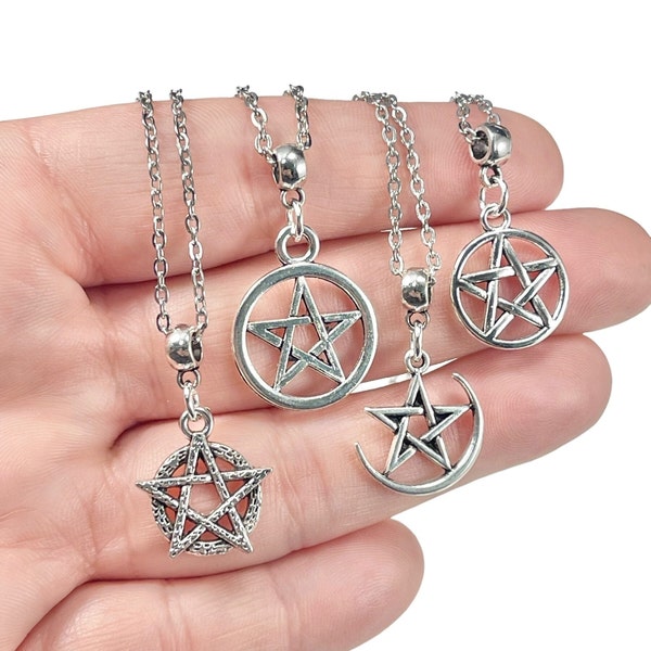 Silver Pentacle Charm, Antique Silver Wiccan Necklace with Silver Plated, Sterling Silver or Stainless Steel Chain,, Holiday Gift