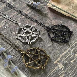 Rustic Branch Pentacle Necklace, Pagan Wiccan Jewelry, Silver Bronze Black Pendant