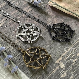 Rustic Branch Pentacle Necklace, Pagan Jewelry, Silver, Bronze, or Black Pendant, Custom Chain Length, Witchy Vibes, Witchcraft Symbolism