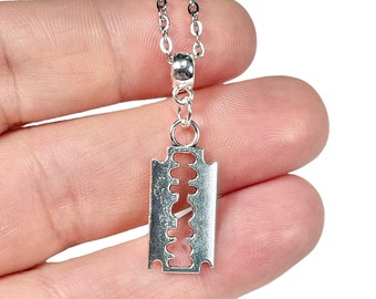 Silver Razor Blade Charm Necklace with Silver Plated, Sterling Silver, or Stainless Steel Chain, Holiday Gift Mothers Day